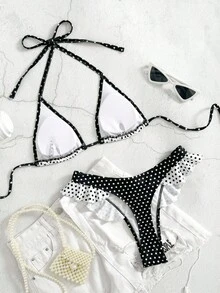 Spice 女士泳装性感比基尼沙滩装，复古别针印花可爱三角比基尼沙滩装，适合度假女孩 - 黑與白 - 查看 3