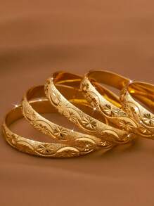 1/3/6 Pcs Sandy-Gold Exquisite Hand-Carved Stars And Waves Beautifully Plated 24k Gold 10mm Wide Bracelet Suitable For Women, Excluding Box - Gold - View 3