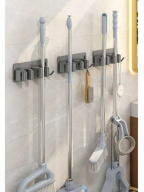 Stainless Steel 304 Mop Clamp, No Nail Wall Hanging Hook, Bathroom Broom Mop Storage Hanger With Strong Adhesive Back To School