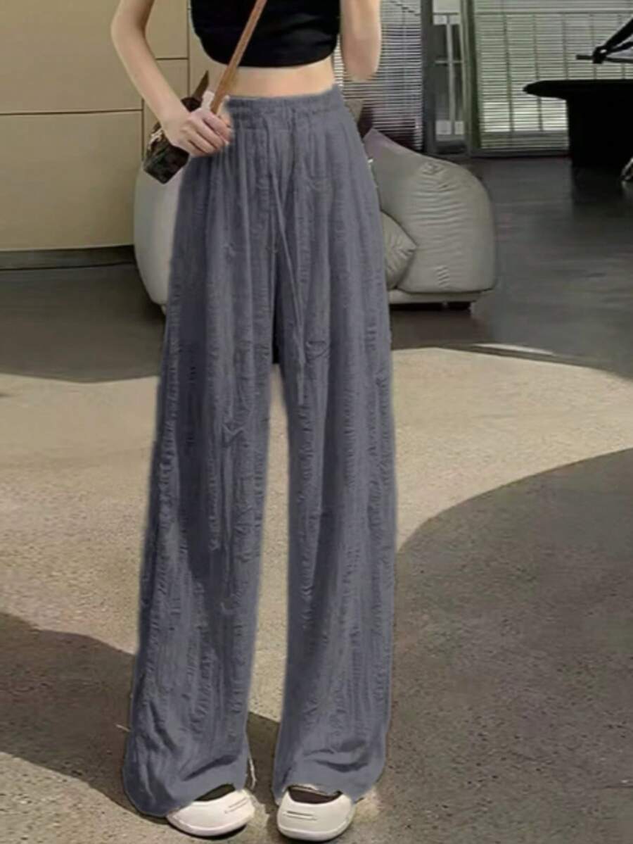 Pantalones largos para mujeres altas, pantalones de verano ligeros de pierna ancha, de cintura alta, estilo casual, con caída y versión extra larga  talla única adecuada para un peso de 40 kg a 65 kg - Gris - Ver 1