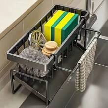 1Pcs Black Sink Tray, Sponge Draining Rack With Dishcloth Rack, RV Kitchen, Suitable For Family Scenes, Sink Storage Rack, For Sponge Dishwashing Soap Dishcloth Brush Cloth, Kitchen Countertop Storage Box, Kitchen Accessories - Black 1Pcs - View 2