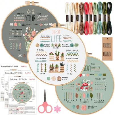 ojindiy Ojindiy Embroidery Kit Set (3/4 Pcs), Embroidery Practice For Beginners, Includes 1 Pc 7.9 Inch Embroidery Hoop