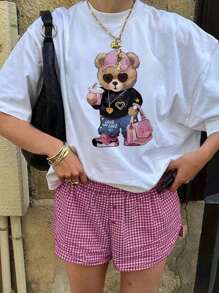 Valentine's Day Casual Printed Round Neck Short Sleeve T-Shirt, Tote Bag And Teddy Bear Pattern Inspire Imagination And Self-Expression, Summer Student And Children Clothing - White - View 4