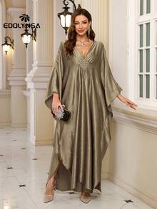 Solid Satin Kaftan Plus Size House Dress Lounge Wear Caftan Women Elegant Long Sleeve Dress