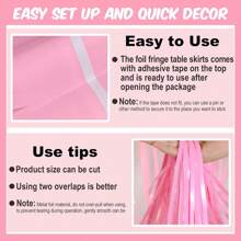 1 Pack Pink Foil Fringe Table Skirt, Pastel Color Pink/ White/ Yellow/ Green Metallic Tinsel Streamers Garland Banner Backdrop For Parade Float, Birthday, Thanksgiving, Christmas, Babyshower Party Table Decorations