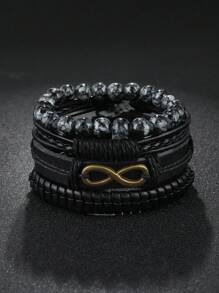 Retro Braided Combination Set: Faux Leather Bracelet, Metallic 8 Shape Charm, Multi-Layered Bracelet For Men