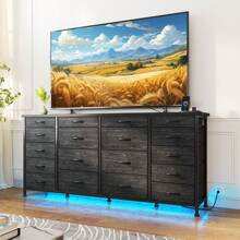 EnHomee 63" W 18 Drawers Dresser With LED Lights & Power Outlets Long Dresser For 65" TV Stand For Bedroom Large Fabric Dressers & Chests Of Drawers For Bedroom, Sturdy Metal Frame, Mother's Day Decor, Room Deocr, Home Decor