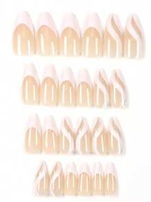 24片中号杏仁形法式美甲贴纸，白色和银色闪粉条纹设计，女士美甲用品 - 白色 - 查看 3