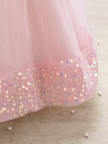 H HIBOBI Babyflicka 3D Blommig Applikation Paljettdetalj Stor Rosett Tyll Festklänning - Rosa - Visa 4