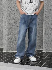 Jeans de pierna recta holgados con efecto teñido anudado muy desgastado, look vintage rasgado y destruido