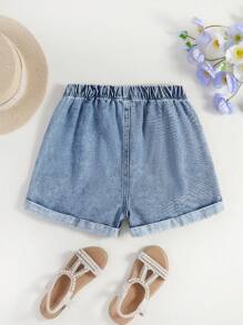 1pc Tween Girl Jeans, Cool Street-Style With Large Pockets & Rolled Hem - Medium Wash - View 2