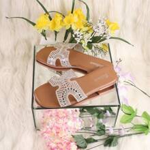 CHARM-37 WOMAN SANDAL OPEN TOE SLIP ON FLAT HEL ONE STRAP RHINESTONE EMBELLISHED