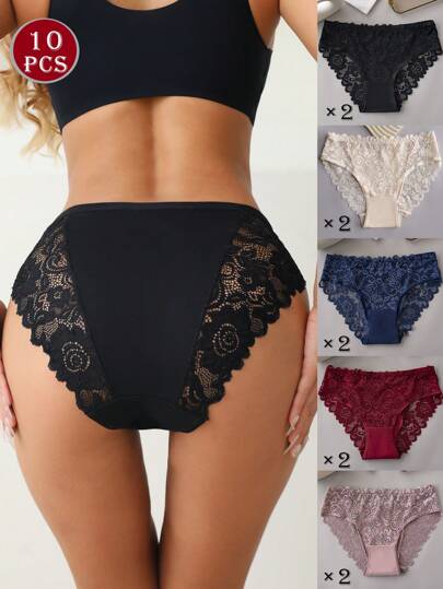 10pcs/Pack Elegant Lace Women Underwear, Ladies' Solid Color Lace Triangle Panties Sexy Lingerie