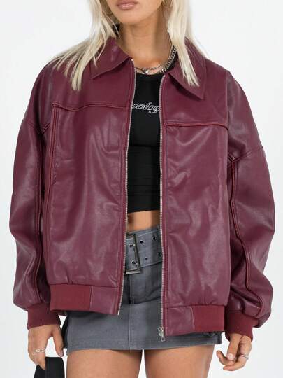 Women Leather Biker Jacket Lightweight Casual Fall Long Sleeves Zip Up Cardigan For Outwear Streetwear