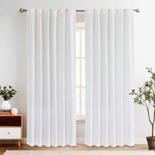 2 Pcs Polyester Linen Solid Color Rod Pocket Curtains Simple And Stylish Nordic Style Curtains Transparent Privacy Curtains For Bedroom And Living Room Use Lightweight Modern Minimalist Solid Color Decoration - 白色 - 查看 1