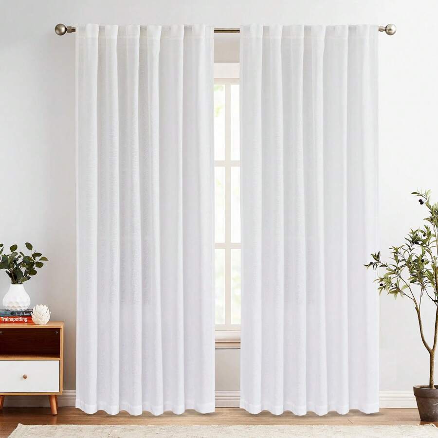 2 Pcs Polyester Linen Solid Color Rod Pocket Curtains Simple And Stylish Nordic Style Curtains Transparent Privacy Curtains For Bedroom And Living Room Use Lightweight Modern Minimalist Solid Color Decoration - 白色 - 查看 1