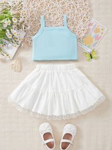 2 件套女婴优雅甜美节日/婚礼罗纹蝴蝶结吊带蕾丝边裙套装 - 藍白色 - 查看 2