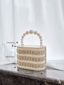 1pc Apricot Bucket Style Acrylic Handbag With Rhinestone Metal Hardware And Pearls, Suitable For Attending Evening Parties And Balls - Beige - View 7