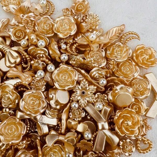 1 Pack 50g (Approx. 80pcs) Mixed Solid Gold Rose, Pearl, Bow Decorative Resin Accessories For Hair Clips, Phone Cases, Pendants, DIY Summer, School