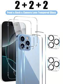 6 paquetes de película de vidrio templado frontal y trasera y protector de lente de cámara compatible con iPhone, vidrio templado ultra HD para pantalla, dureza de 9H resistente a arañazos y antihuellas