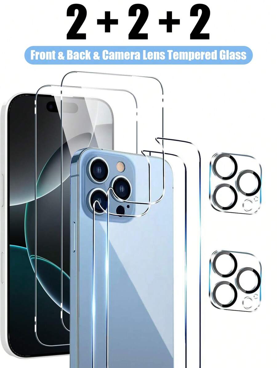 6 paquetes de película de vidrio templado frontal y trasera y protector de lente de cámara compatible con iPhone, vidrio templado ultra HD para pantalla, dureza de 9H resistente a arañazos y antihuellas