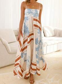 Women's Long Cami Dress Stripe/Dot Print Spaghetti Strap Backless A-Line Flowy Dress - Màu xanh lam - Xem 6