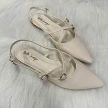 Women's SlingBack Patent Leather Comfortable Casual Flat Sandals With Buckle - Màu be - Xem 2