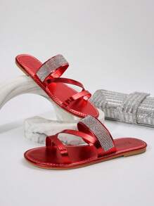 Women's Red Slide Sandals With Rhinestone Straps – Round Toe Flat Sandals, Fashionable & Minimalist Summer Slippers For Women, Comfortable Outdoor Casual Shoes