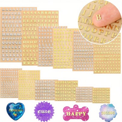 12pcs Resin Letter Stickers, Mini Alphabet Numeric Stickers, Resin Craft, Epoxy Resin Casting Decor, Alloy Self-Adhesive Letter Stickers, Shiny Gold & Silver 4.5mm 3mm