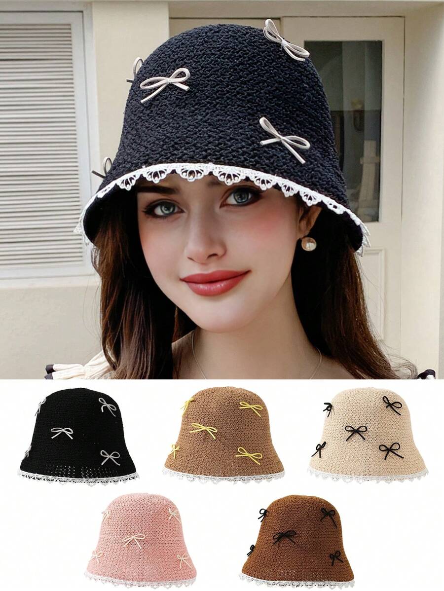 1pc Women's Spring/Autumn New Sweet Simple Bow Decor Round Crown Bucket Hat, Small Face Flattering Sun Protection Hat, Suitable For Outdoor/Street Wear - A - View 1