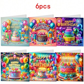 1 Set Of 6 DIY Diamond Painting Birthday Card Kit, Birthday Gift