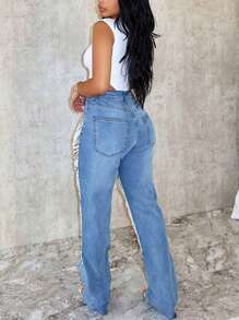 Women's Fashionable Straight Leg Large Hole Pearl Chain Decoration Mid Waist Jeans, Casual Street Pants - Màu xanh lam - Xem 9