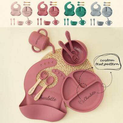 1pc/2PCS/8PCS Children Custom Silicone Tableware Set Personalized Customization Name And Pattern Kids Dinner Set Portable Utensils Adjustable Bib Sucker Bowl Plate Sippy Cup Print On Demand Toddler Meal Tray,Halloween Edit,Back To School Fashion,Christmas Gift ,Travel Organizer