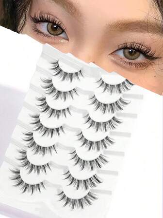 7 par naturliga korsformade lösögonfransar med heltäckande effekt, transparenta fransstjälkar, fluffiga och fina, lämpliga för vardagsbruk, tecknad stil, oumbärliga för resor