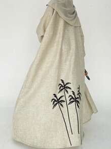 1 件女式长袍，棕榈树刺绣，亚麻面料，透气吸湿排汗，时尚宽松长袍，适合休闲穿着、聚会和节日，朴素的长袍