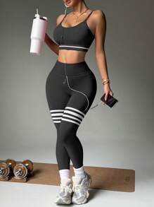 TCVC 女士高弹力运动胸罩和裤子套装，无缝针织，高腰收腹，蜜桃臀，亲肤面料，紧身塑形，休闲百搭，内衣，四季皆宜，健身瑜伽套装 - 深灰色 - 查看 5