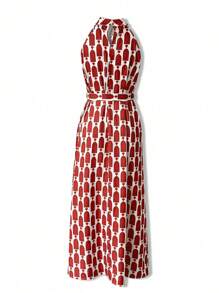 Spring Outfits For Women Summer Outfits For Women Holiday Dress Elegant Fashion Seaside Beach Vacation Casual Red Geometric Print Neck Strapless Slit Tie Belt Women's Long Dresses - Red - View 2