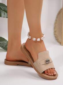 Women's Rhinestone Decorated Open Toe Flat Sandals, Suede Matte Finish Fisherman Style Strap Khaki Beach Shoes, New Summer Casual Slip-On Flat Slippers - Khaki - View 6