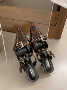 Fall/Winter 2025 Pointed-Toe Double-Buckle Slip-On Mule High Heel Shoes, Leopard Print Brown Color, Elegant, Women Pumps,Kitten Heels