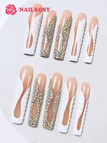 nailrosy 10Pcs Handmade Extra Long Press On Nail False Nail Box Included Fake Nails Tip Stickers Blush Nail Charms Short Nails Drill Toe Nails Duck Nails Nail Stuff Long Nails Nail Polish Gel Nail Poly Gel Rhinestone Decor Nail Supplies Nails - White - View 2