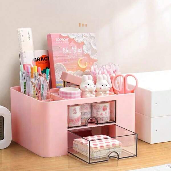 Caixa De Armazenamento Organizador de Mesa com 2 Gavetas Porta Treco Caneta Maquiagem Escritório Papelaria Estudantil
