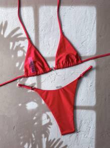 Women's Adjustable Red Bikini Set With Silver Trim - Red - View 2