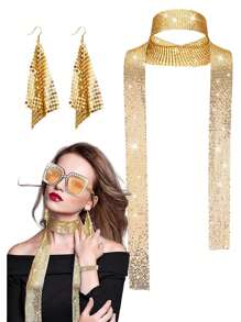 Forever & Moment 2pcs Women'S Disco Accessories From The 70s, Disco Sequin Scarf, Imitation Diamond Pendant