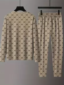 SoftTouch 男士渐变休闲运动套装 - 超舒适圆领长袖 T 恤和慢跑裤，配有宽敞口袋，可机洗，易于护理，透气面料，带来极致放松 - 卡其色 - 查看 3