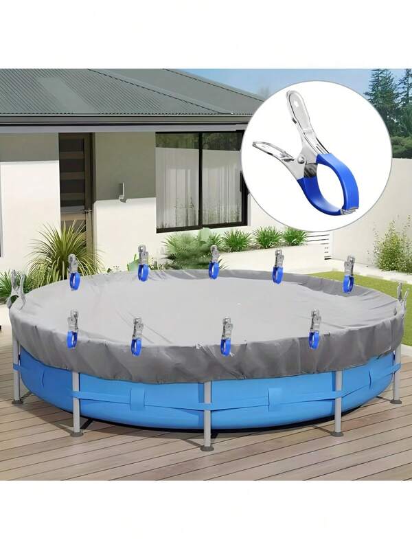 6 pièces Pinces de couverture de piscine en acier inoxydable à ressort avec poignées en plastique bleu - Pinces résistantes aux vents pour une couverture de piscine au sol sûre et photographie, pinces de mode en métal avec poignées en plastique robuste, outil pince à linge