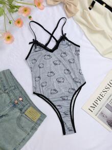 Sanrio 1 pieza Mono de mujer con estampado floral de corte en V profundo, parches y encaje cruzado con diseño de Hello Kitty