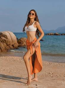 1pc Women's Solid Color Sexy Beach Cover Up Pareo Skirt For Holiday, Swimming, Party, Shaping