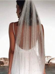 1 件带珍珠的新娘面纱，适合婚礼、摄影道具、登记处头饰带发梳女士秋装 - 米色 - 查看 5