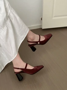勃艮第复古法式玛丽珍高跟鞋，2025年春季新品，独特方头粗跟露背系带鞋，复古小皮鞋，女士浅口鞋 - 酒紅色 - 查看 3