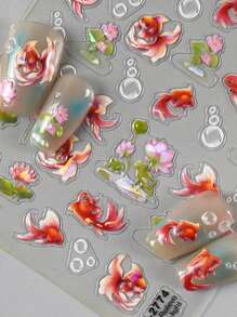 吉祥鲤鱼和莲花浮雕指甲贴纸，美甲贴纸，用于修指甲、剪贴簿 - 彩色 - 查看 3